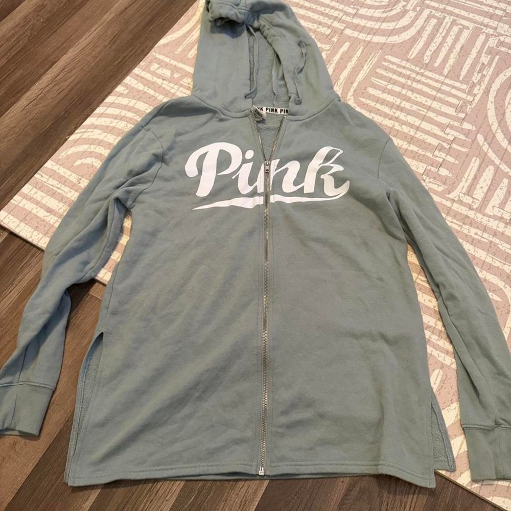 Victorias Secret PINK Full Zip Hoodie Blue Gray Logo Sweatshirt Small